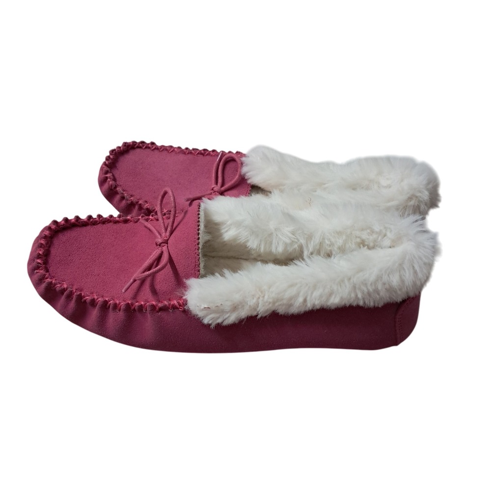 Talbots Ruby Suede Slippers Moccasins Women's 7‎ Pink Leather Bow Comfy Faux Fur